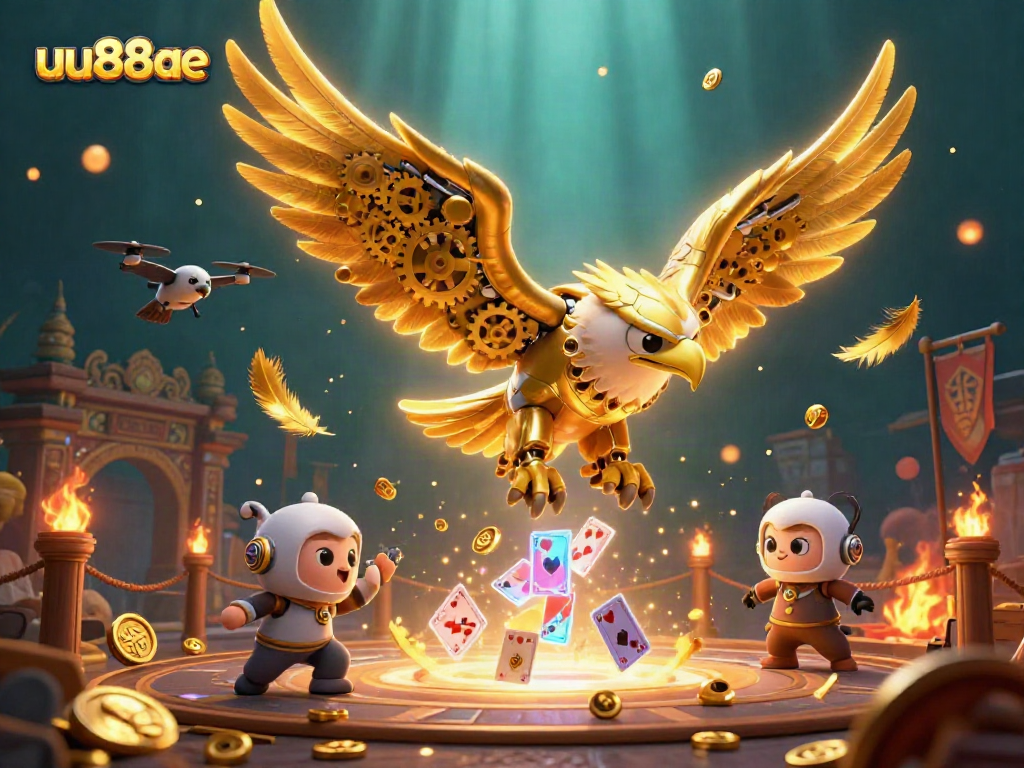 uu88ae showcases thrilling gameplay with a cybernetic eagle amidst dynamic casino elements.