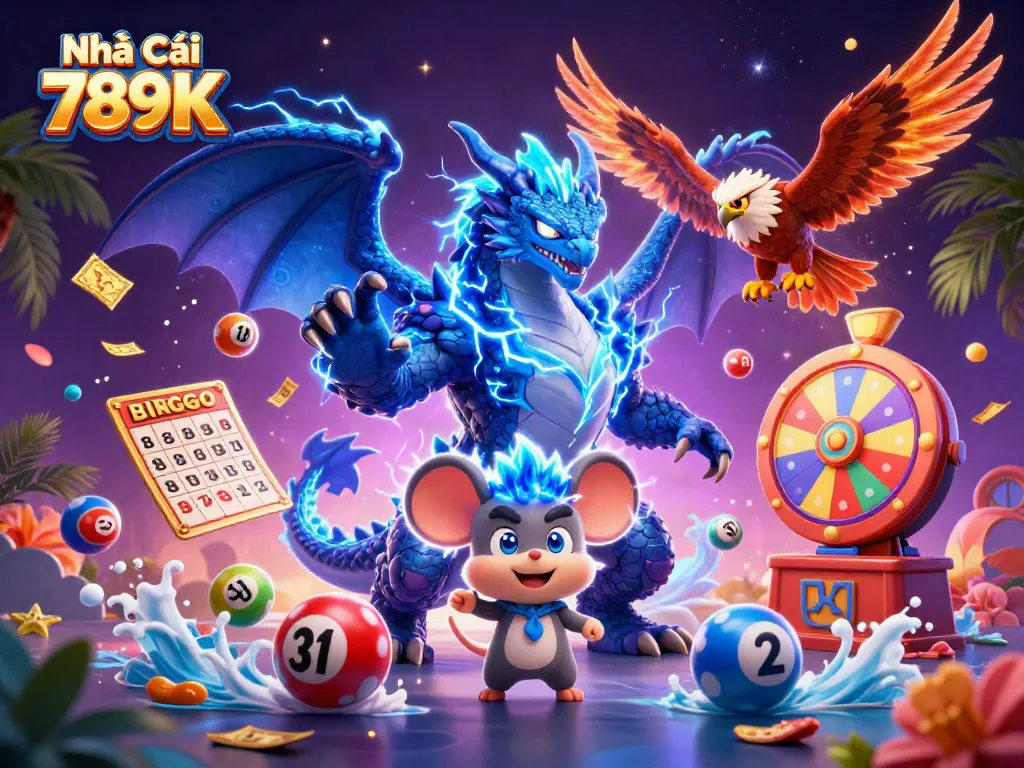 Engage with Nhà Cái 789K's thrilling gaming world, featuring vibrant lottery elements and dynamic characters.