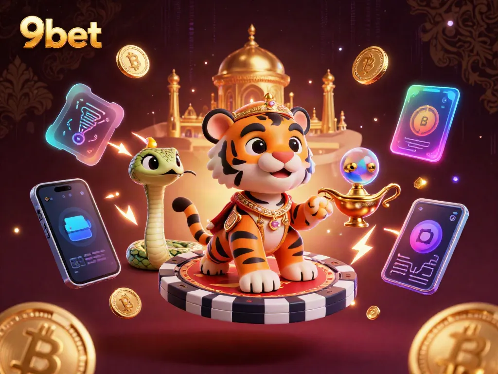 Engage with 9bet's lively casino experience featuring a vibrant nighttime scene with a flying sultan and gaming symbols.