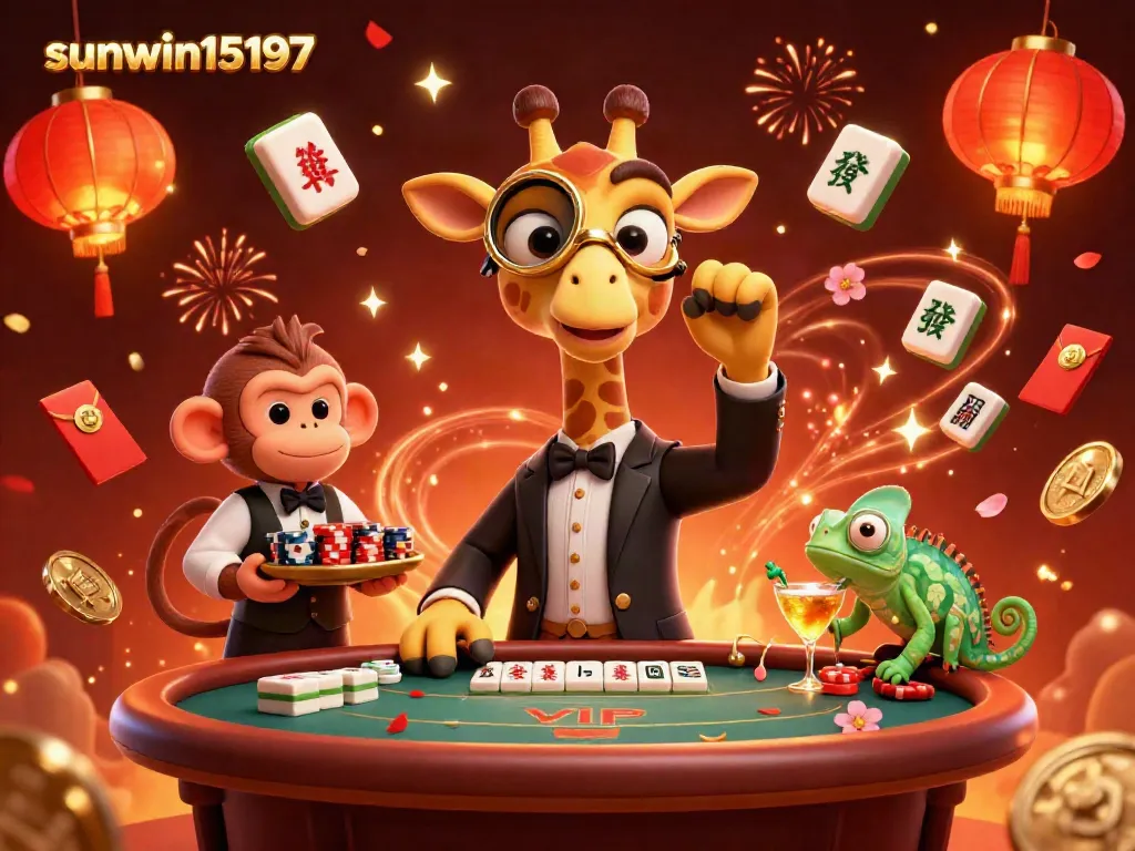 Experience the excitement of gambling with sunwin15197 at a vibrant casino scene featuring animated characters.