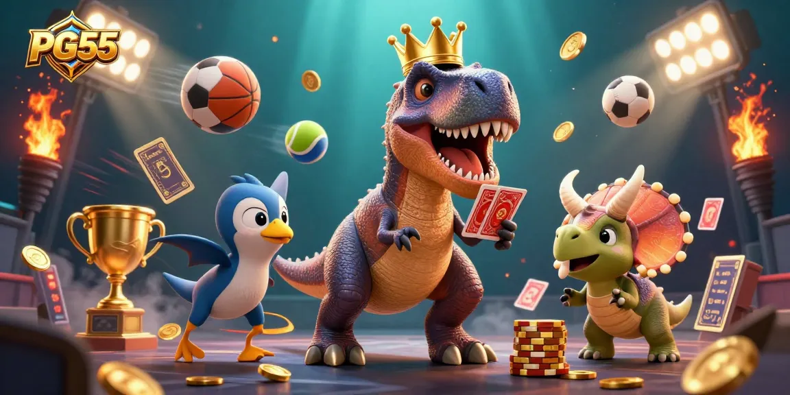 Experience thrilling gameplay with PG55 as a T-Rex shuffles cards while a baby triceratops stacks golden chips.