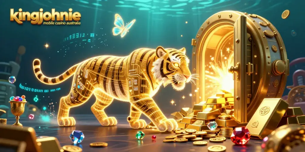 Experience the excitement of kingjohnnie mobile casino australia with a vibrant 3D casino illustration featuring dazzling elements.