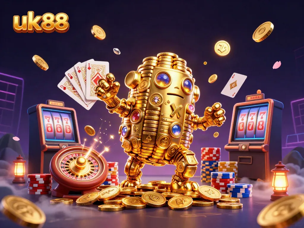 Experience dynamic gameplay at uk 88 with our dazzling 3D casino scene featuring golden treasures and lively game elements.