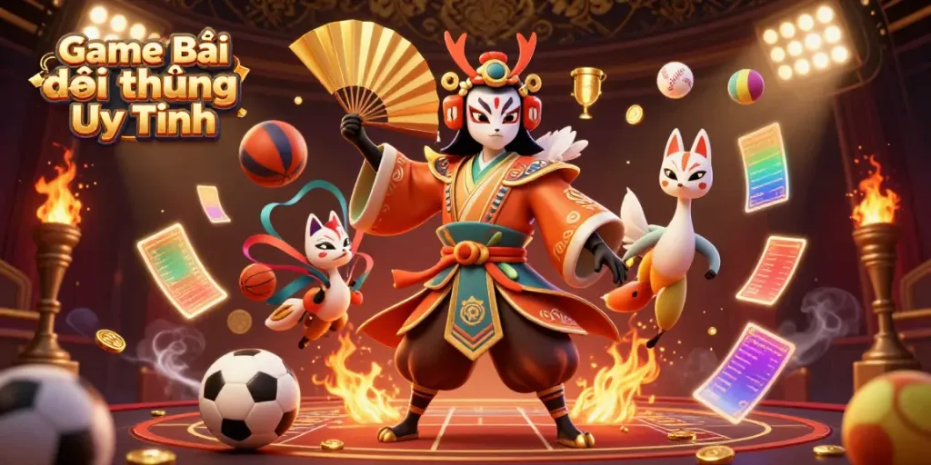 Experience the excitement of Game Bài Đổi Thưởng Uy Tín through a vibrant 3D illustration showcasing dynamic characters in a glamorous casino setting.