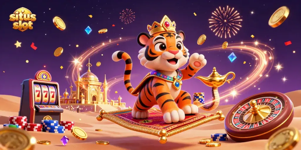 Spin into winning chances with situs slot featuring vibrant 3D casino elements and festive atmosphere.