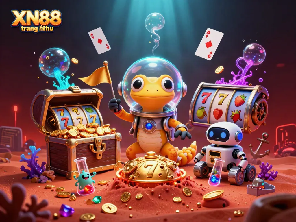 Experience the excitement of XN88 trang chủ with a vibrant 3D cartoon scene of a Martian gecko discovering a casino.