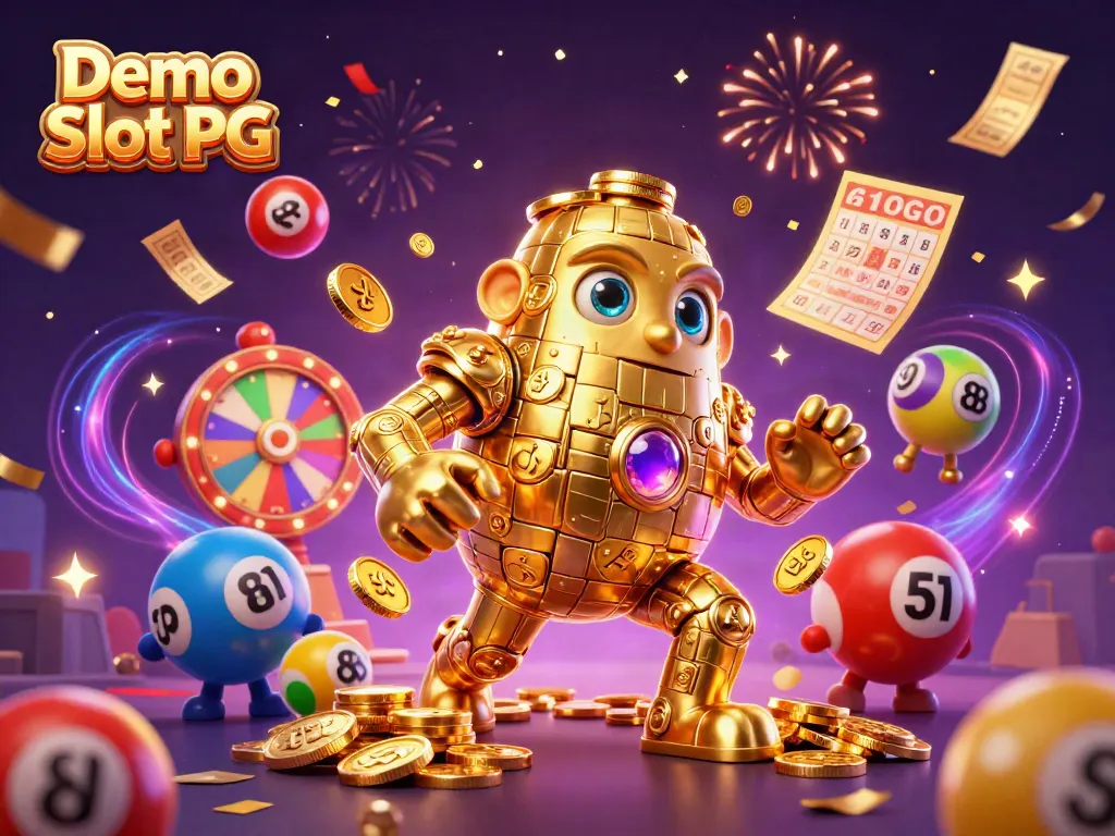 Experience the excitement of Demo Slot PG, featuring an animated golden golem amidst vibrant casino elements and celebratory effects.