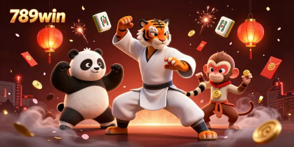Experience the thrill of gambling at 789win with a majestic tiger, panda disciple, and playful monkey amid casino elements.