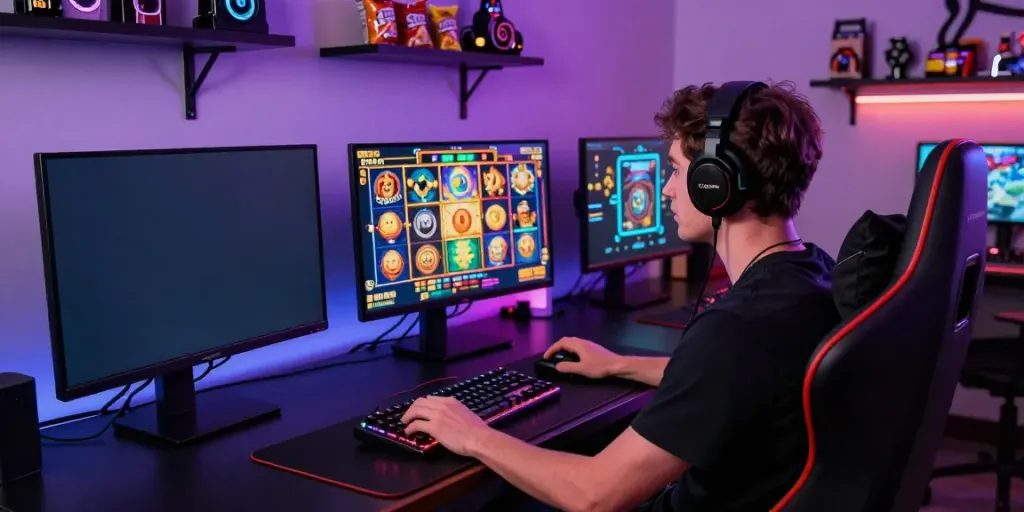 Exciting slot gacor hari ini gaming scene featuring vibrant screens and accessories, immersing players in the action.