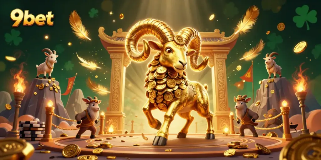 Engage with an exciting 9bet gaming scene featuring a golden ram character amid coins and vibrant decorations.