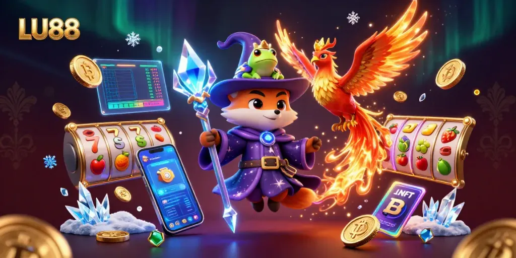 Engage with LU88’s immersive casino experience featuring a wizard, phoenix, and crypto elements.
