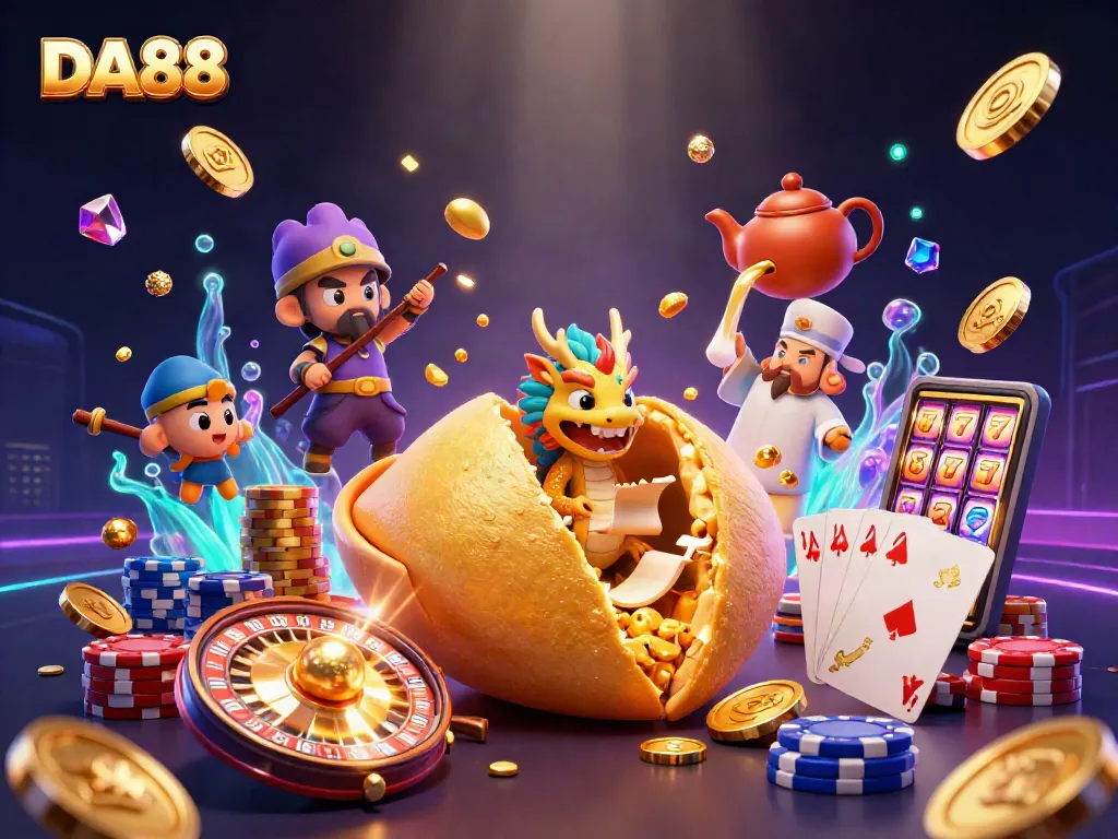 Experience thrilling gameplay with DA88 featuring sparkling gems and golden coins in a vibrant casino scene.