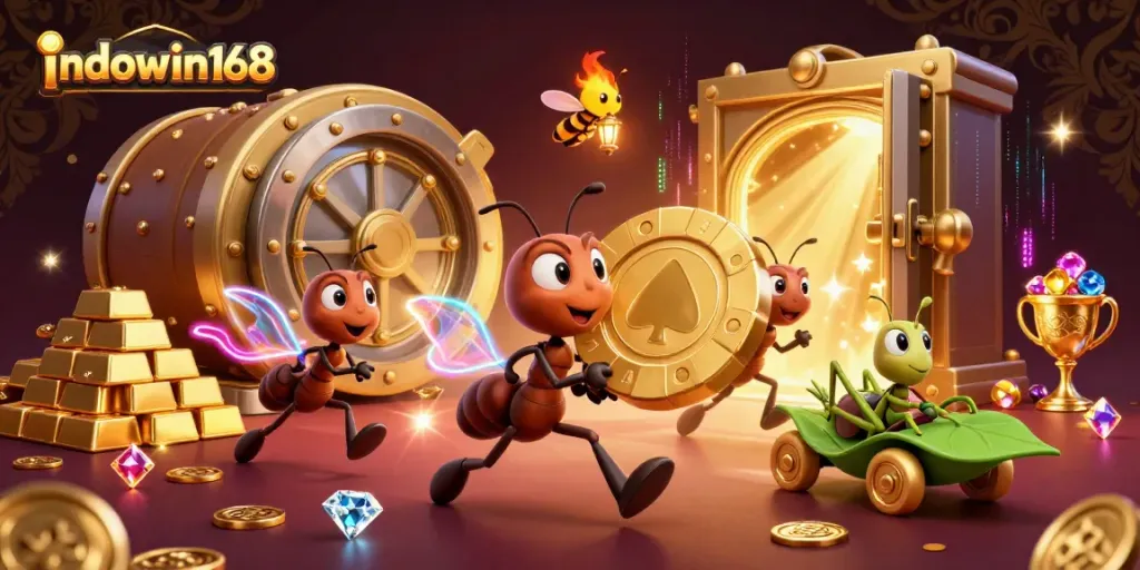 Experience the thrill of winning with indowin168 in a vibrant 3D cartoon casino heist illustration.