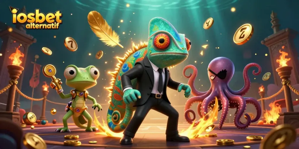 Ilustrasi 3D dari iosbet alternatif menampilkan agen rahasia, gecko cerdas, dan gurita villian.
