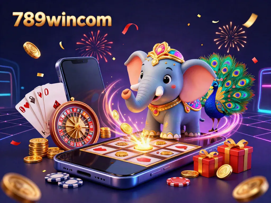 Experience the excitement of 789wincom with a festive 3D casino illustration featuring a vibrant elephant, peacock, and gaming elements.