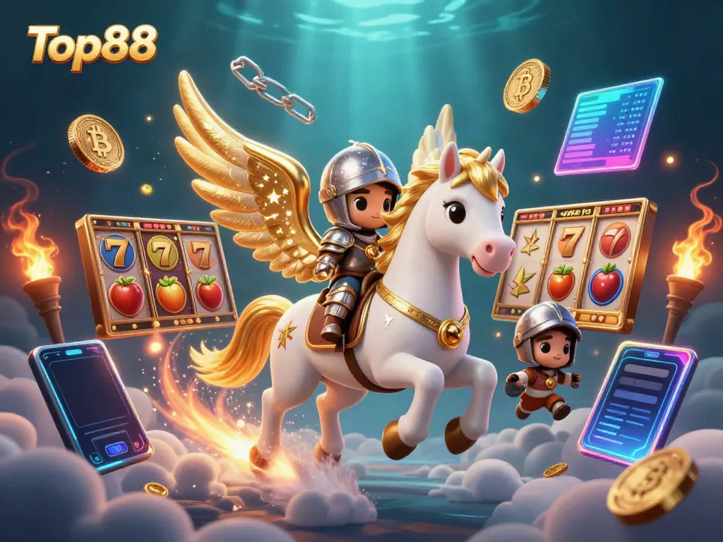 Experience the thrill of Top88 with vibrant casino elements and enchanting characters.
