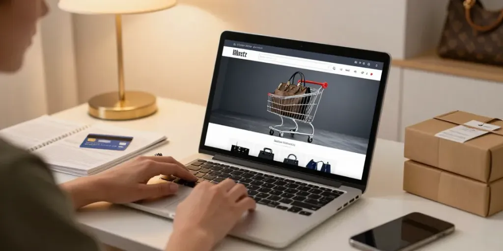 Online shopping for premium replica bags in a cozy home office setting.