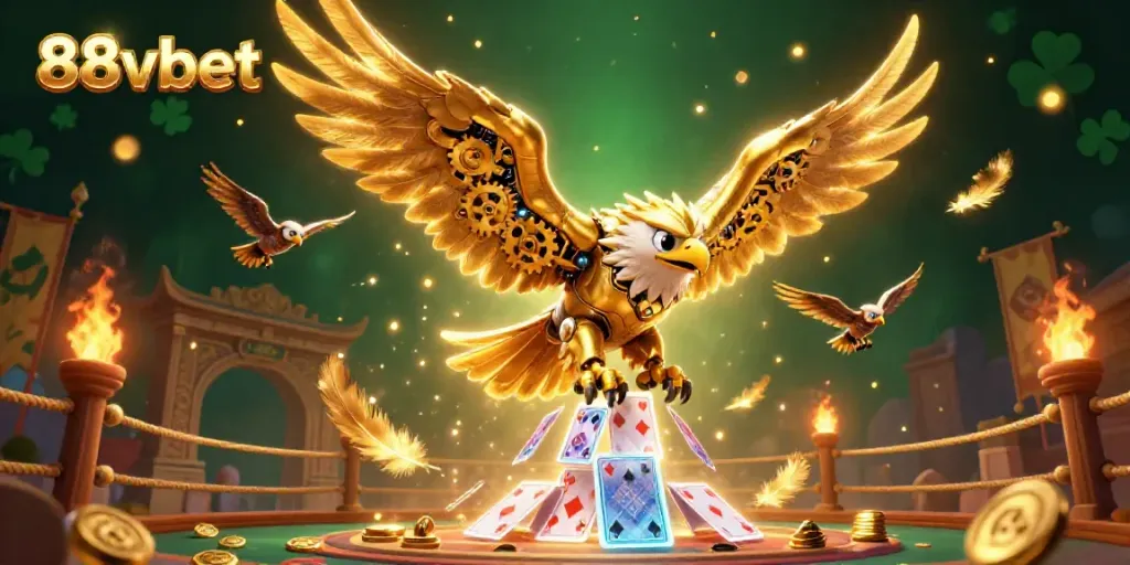 Experience the excitement of 88vbet with an engaging scene featuring a golden eagle navigating through holographic playing cards amidst a vibrant casino atmosphere.
