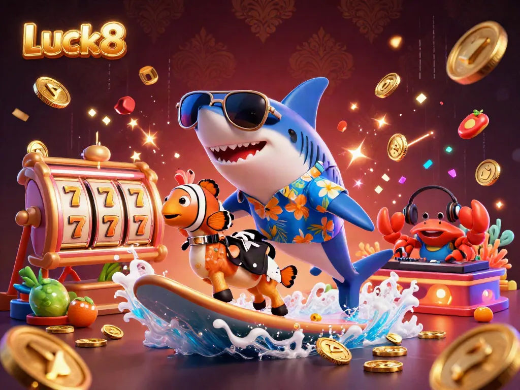 Luck8 showcases a fun 3D cartoon scene with a shark, clownfish, and crab in a casino setting, celebrating gaming.