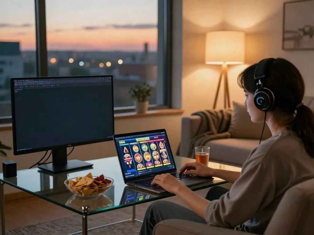 Engaged player enjoying slot88 games on the TOKYO404 platform in a cozy living room.