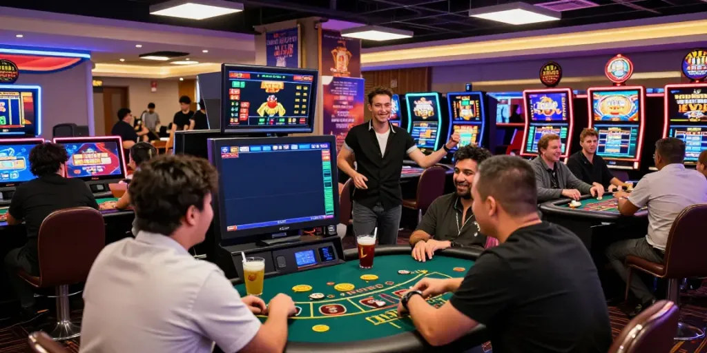 man88 casino scene with enthusiastic players enjoying diverse games in a vibrant online gambling atmosphere