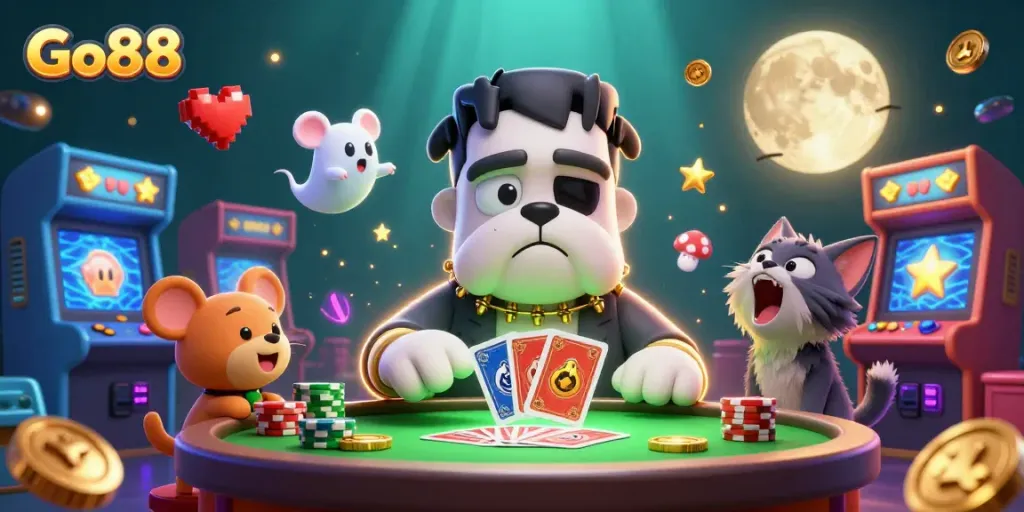 Experience thrilling gaming action at Go88 with a vibrant 3D casino illustration showcasing colorful characters and dynamic elements.