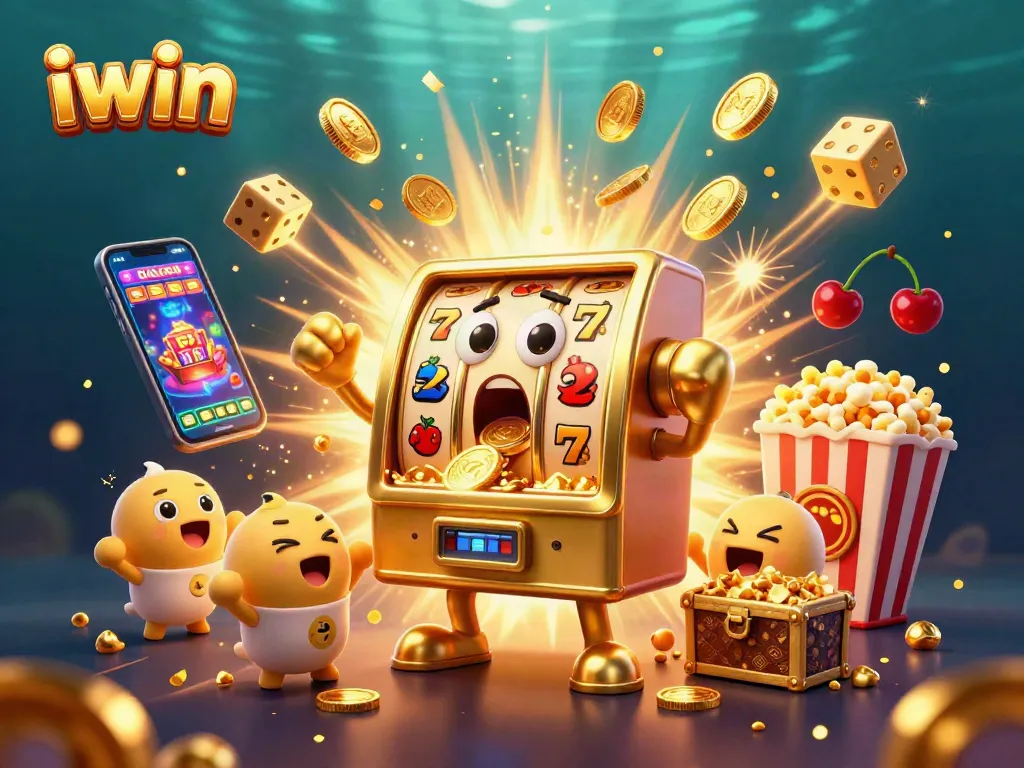 Play thrilling games with iwin's joyful slot machine and golden surprises in a vibrant casino scene.