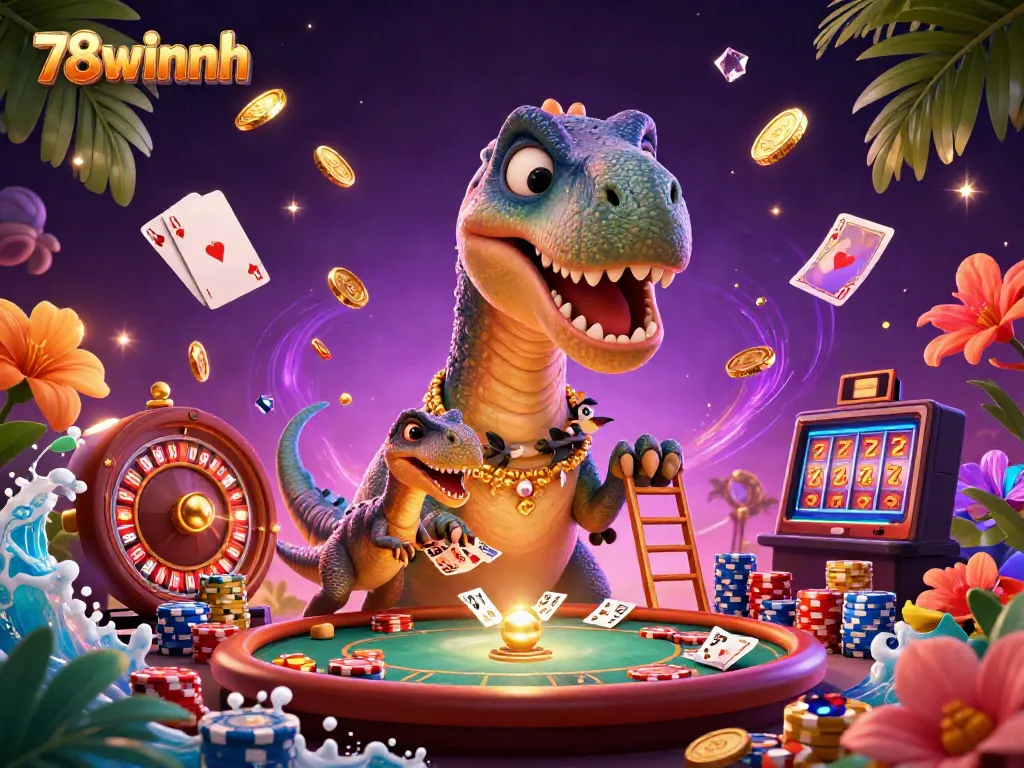 Engage with 78winnh's dazzling casino scene featuring a cartoon brontosaurus, raptor dealer, and dynamic game elements.