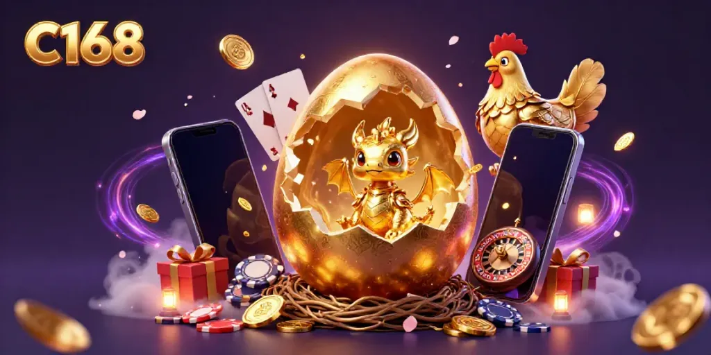 Experience C168 with a golden dragon emerging from poker chips amidst captivating gaming elements.