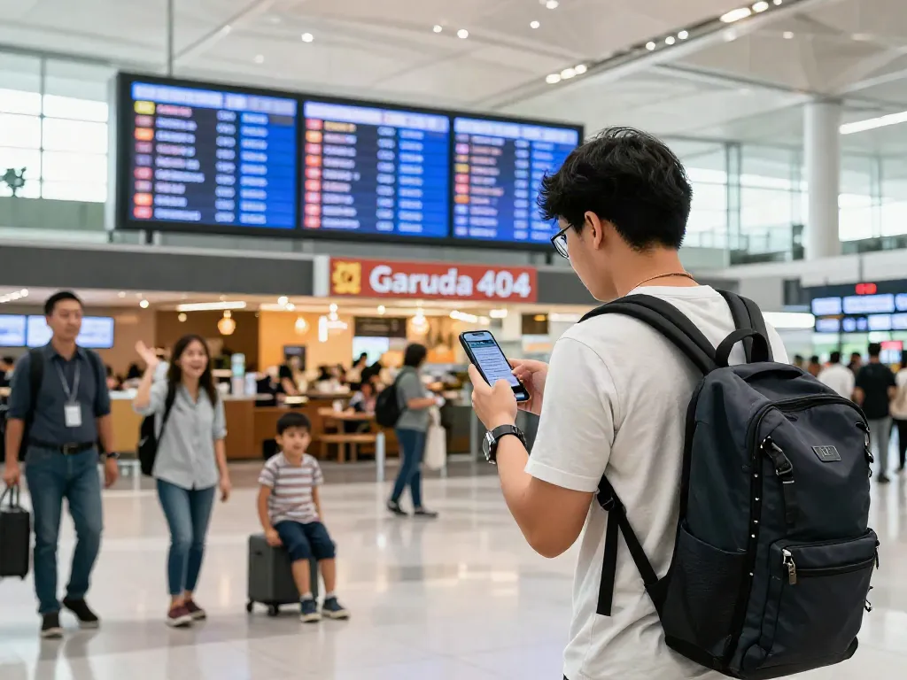 Garuda 404 flight status displayed as travelers check updates at busy airport terminal.