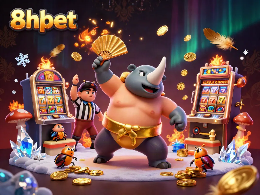 Experience thrilling action at 8xbet, where a rhinoceros beetle champion celebrates with flying coins and a festive atmosphere.