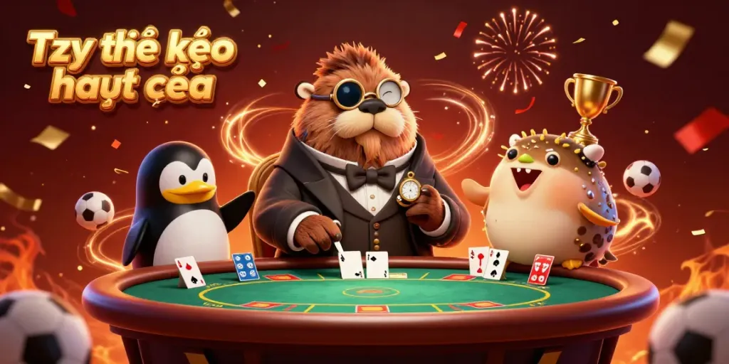 Join the thrilling sports betting action with Tỷ lệ kèo nhà cái featuring a walrus, penguin dealer, and pufferfish in an exciting underwater poker table scene.