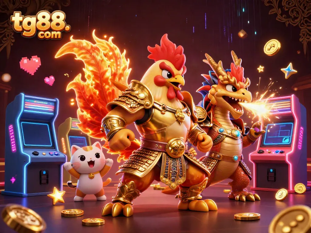 Engage with the dynamic gaming world of tg88. com featuring a brave rooster warrior, a dragon, and vibrant arcade elements.