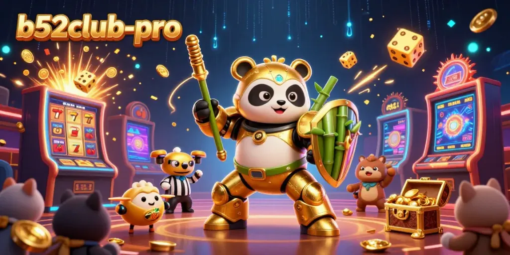 Bettors enjoy a lively scene of the b52club-pro casino gaming experience featuring a mech-suit panda and exciting slot action.