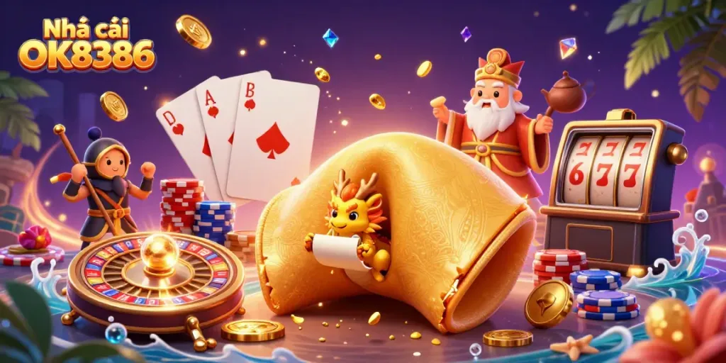 Engage with thrilling games at Nhà cái OK8386, featuring dynamic casino elements and colorful characters.