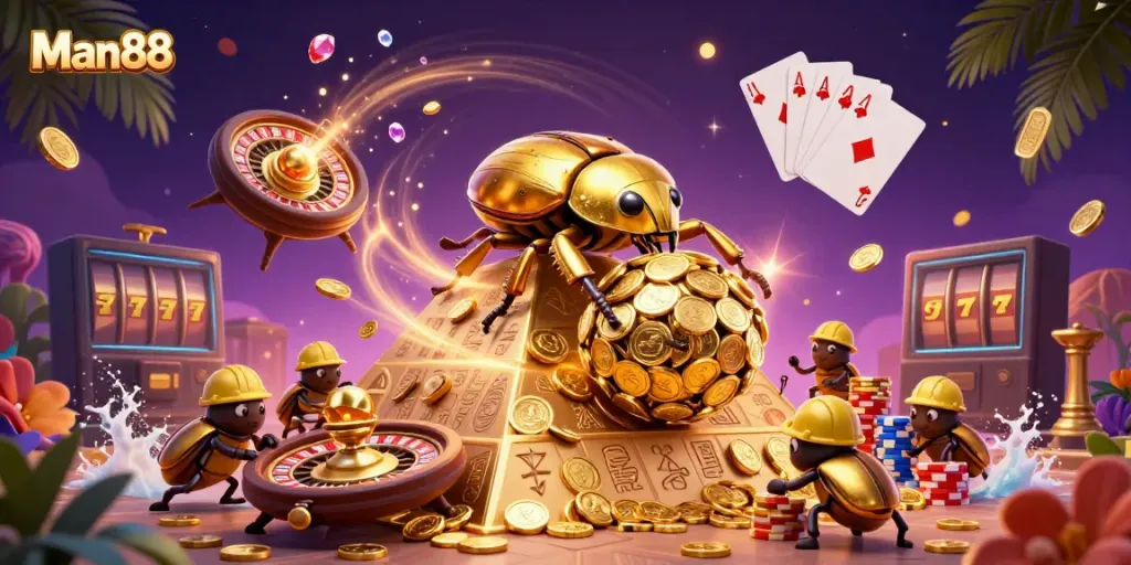 Experience the thrilling adventures of Man88, where golden coins and festive casino energy collide.