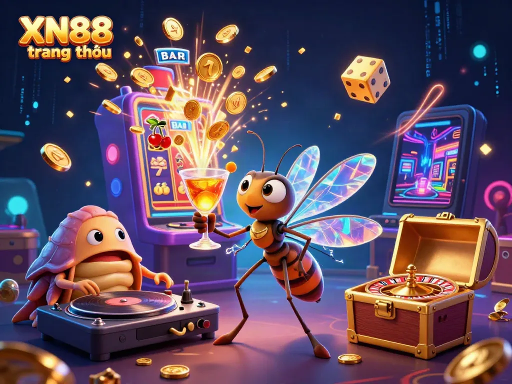 Experience the thrill of XN88 trang chủ with vibrant casino characters and game elements bursting with excitement.