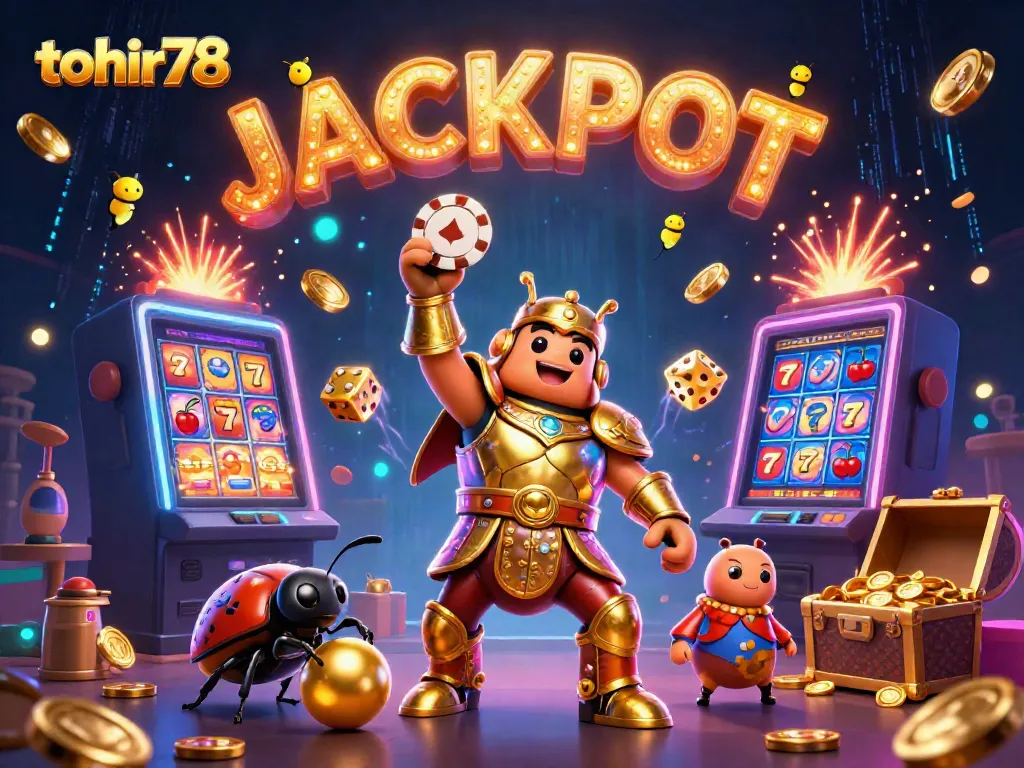 Experience the thrill of tohir78 with a vibrant 3D illustration of beetles celebrating a jackpot win!