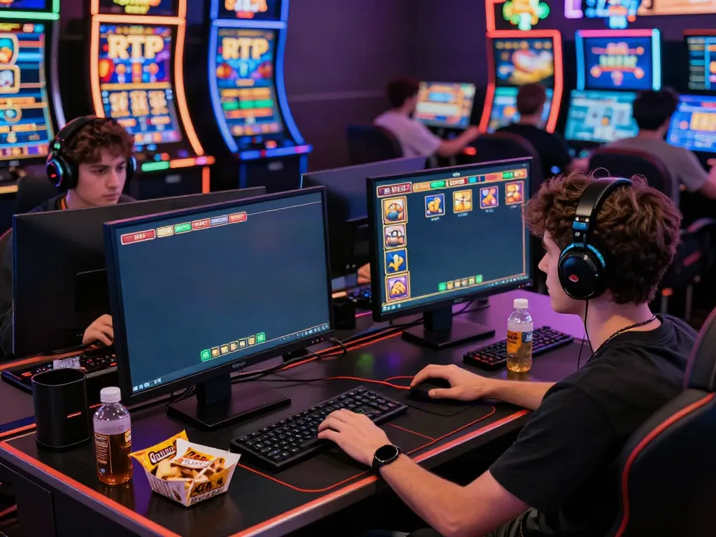 Intense gaming session showcasing RTP slot games on a laptop within a vibrant online casino environment.