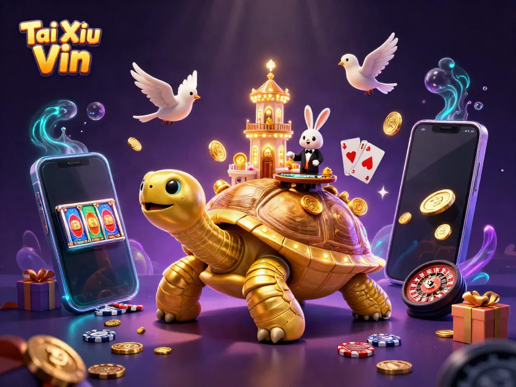 Experience thrilling gameplay in Tài Xỉu Vin with a vibrant casino scene featuring golden tortoise and bird dealers.