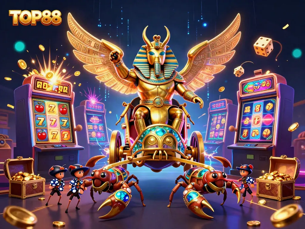 Engage with TOP88’s thrilling casino experience featuring a golden scarab and jackpot excitement.