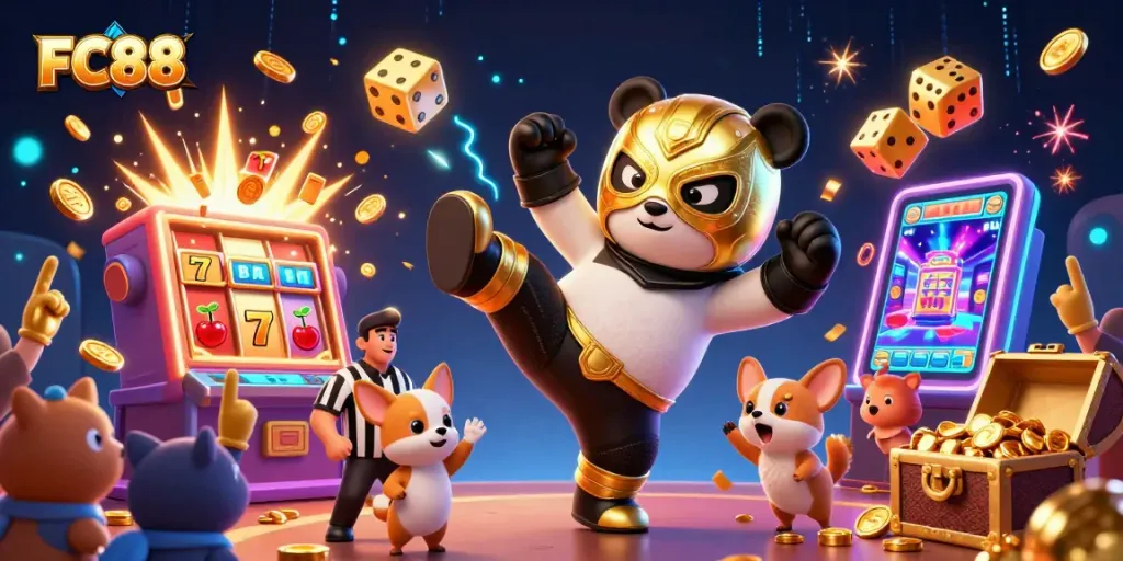 Engage with FC88's thrilling slot machine experience featuring dynamic characters and jackpot excitement.