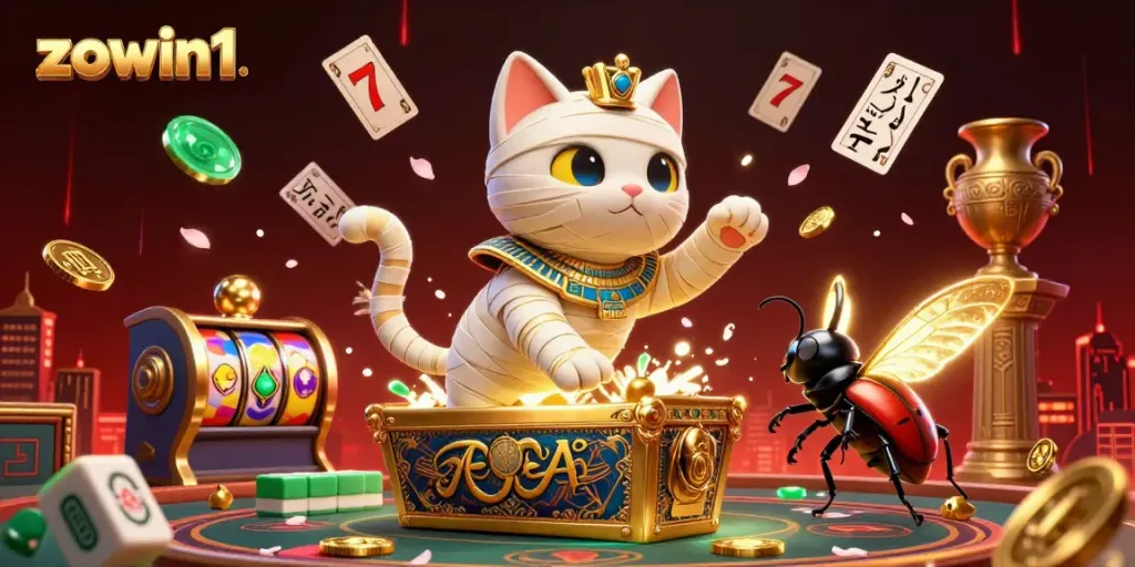 Experience the excitement of Zowin1 with an Egyptian mummy cat and vibrant casino elements in this dynamic scene.