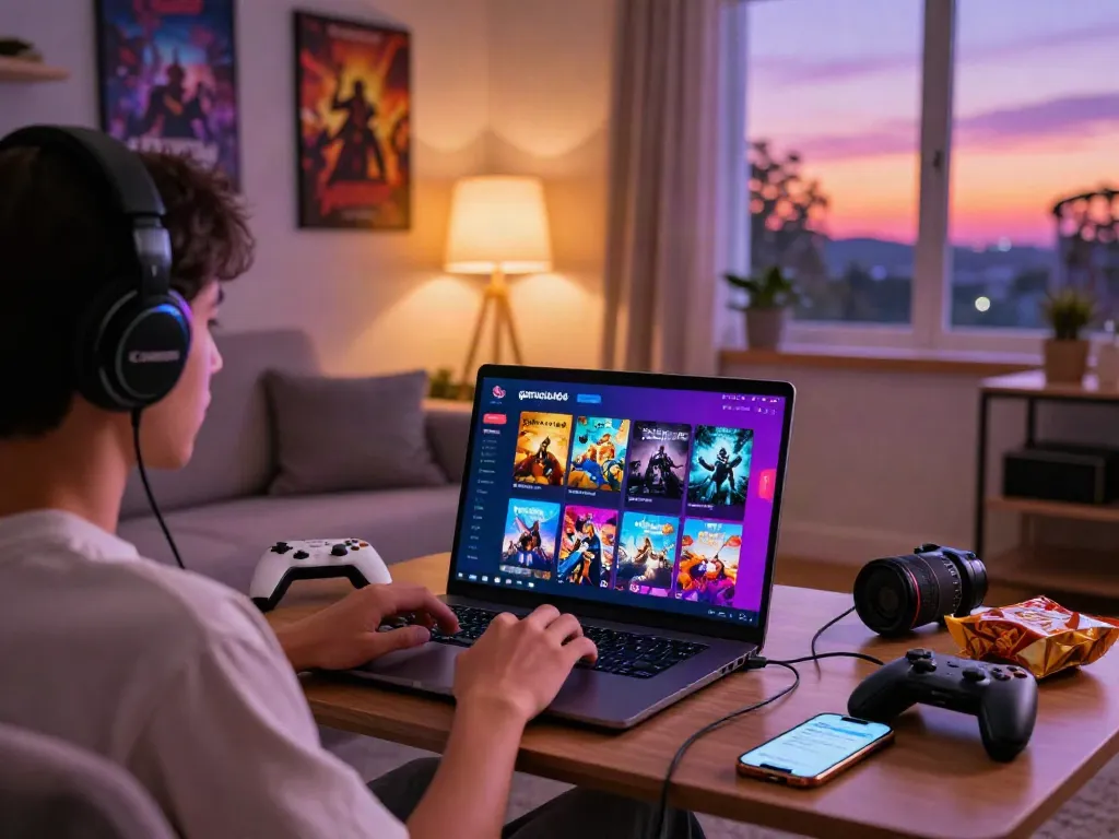 Engaged user experiencing garuda404 digital entertainment platform in cozy living room.