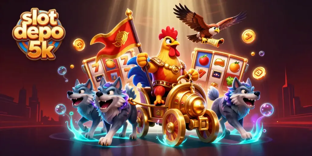 Spin the reels with excitement at slot depo 5k as unique characters and winning symbols fill the scene.