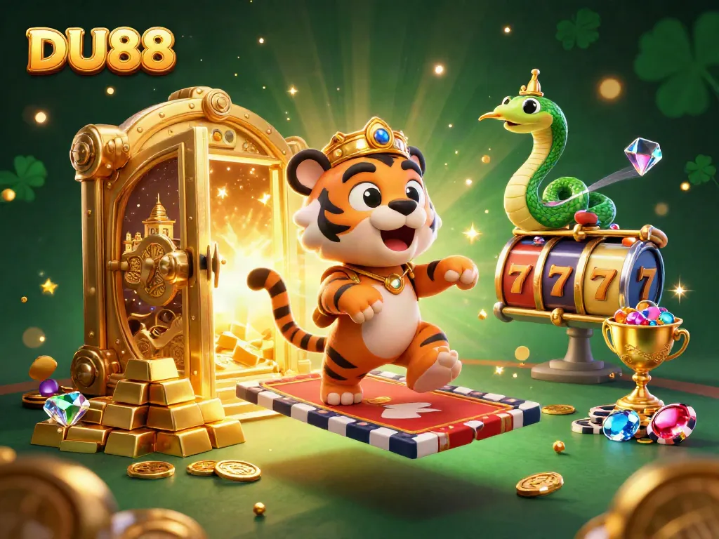 Spin the reels at DU88 with a vibrant casino scene featuring a tiger sultan and magical elements.