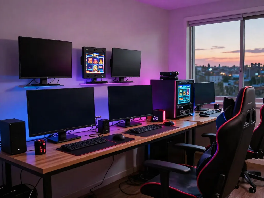 Gamer enjoying slot88 with multiple screens in a vibrant, dynamic gaming room.