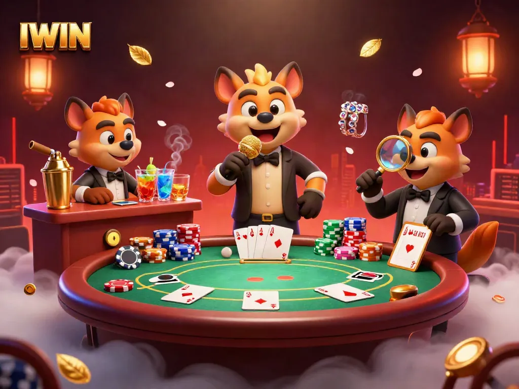 IWIN casino scene with hyenas enjoying gaming and comedy, featuring vibrant casino elements.