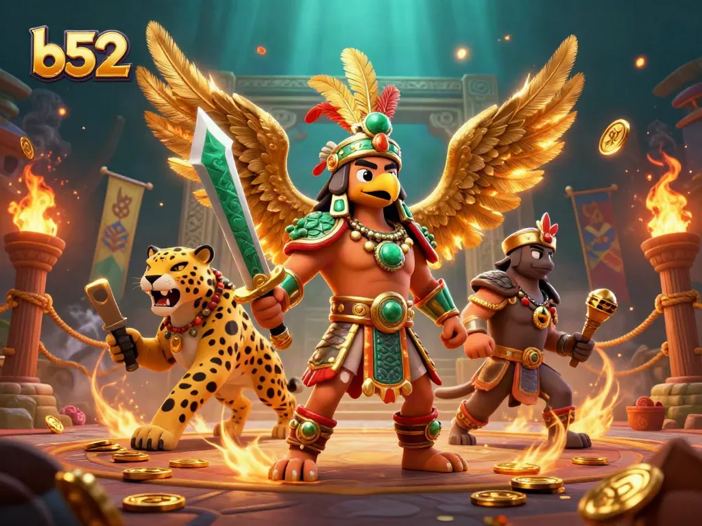 Bets fly among brave warriors with the b52 online casino banner, filled with gold coins and ember particles.