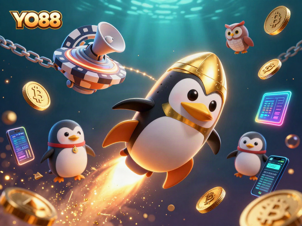 Experience the excitement of YO88 with a golden penguin racing towards a poker chip in a vibrant casino universe!